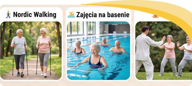 Grafika przedstawia trzy formy aktywności dla seniorów: Nordic Walking, zajęcia na basenie oraz Tai Chi. Widoczne są osoby starsze spacerujące z kijkami, ćwiczące w basenie i wykonujące ćwiczenia Tai Chi na świeżym powietrzu.