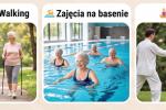 Grafika przedstawia trzy formy aktywności dla seniorów: Nordic Walking, zajęcia na basenie oraz Tai Chi. Widoczne są osoby starsze spacerujące z kijkami, ćwiczące w basenie i wykonujące ćwiczenia Tai Chi na świeżym powietrzu.